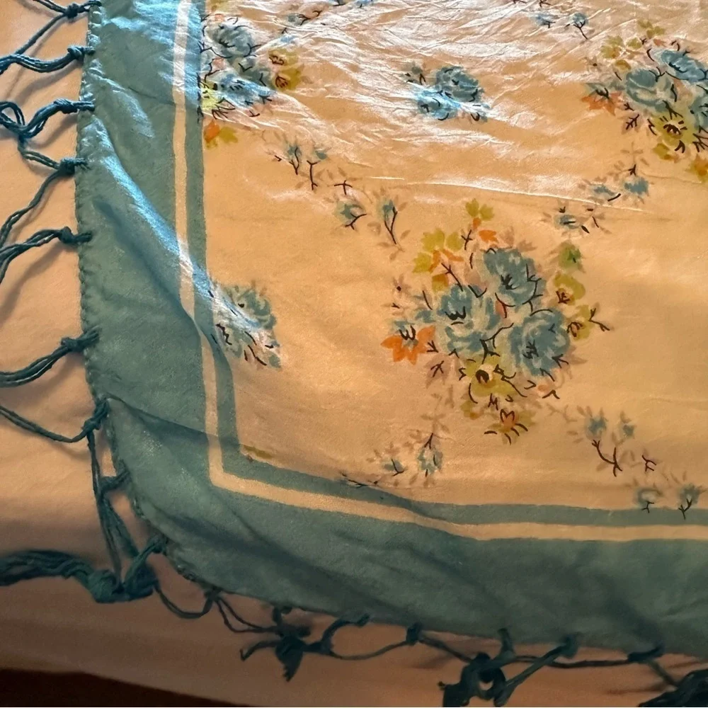 Dainty Silk Scarf Shawl Roses Blue Cream Cottagecore Fringe 39” x 41”